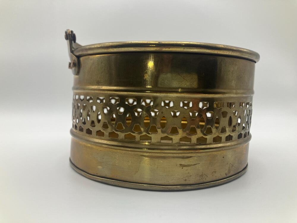 Vintage Brass Pierced Basket with Handle Small Cachepot Mid Century Decor